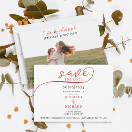 Einfache minimale rote Schrift mit Foto White Wedd Save The Date