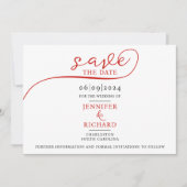 Einfache minimale rote Schrift mit Foto White Wedd Save The Date (Vorderseite)