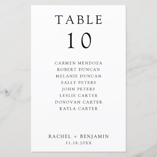 Einfache minimale Schwarz-weiße Hochzeitssitzkarte (Vorderseite)