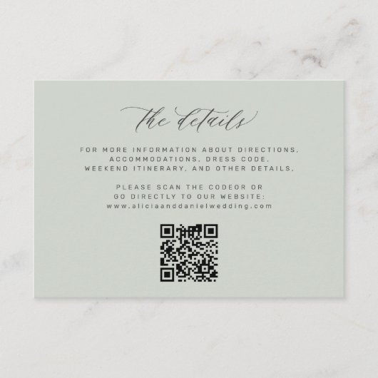 Einfache minimale Skripte QR Code Salbei Hochzeit  Begleitkarte (Vorderseite)