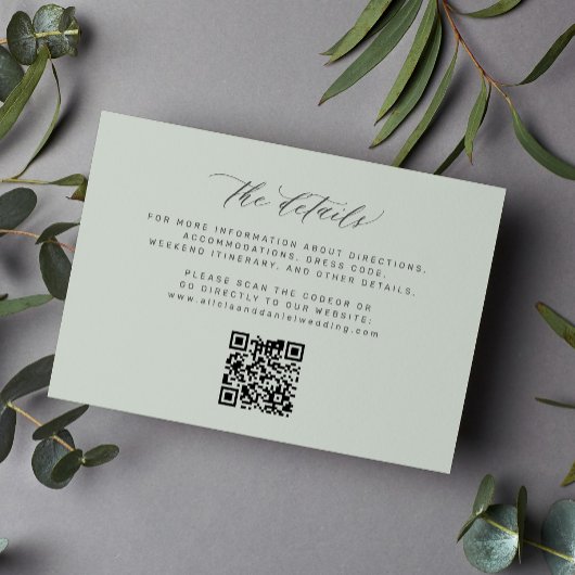 Einfache minimale Skripte QR Code Salbei Hochzeit  Begleitkarte