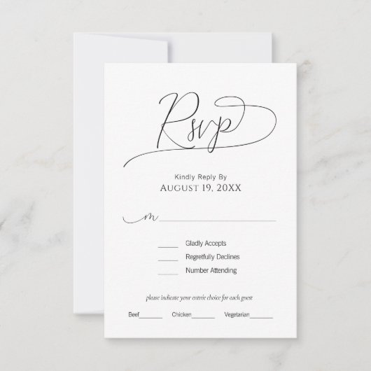 Einfache minimale Skripte Schwarz & Weiß Hochzeit RSVP Karte (Vorderseite)