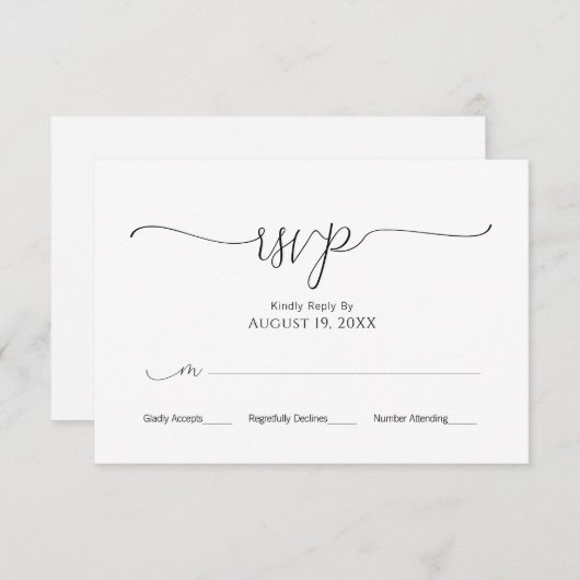 Einfache minimale Skripte Schwarz & Weiß Hochzeit RSVP Karte (Vorne/Hinten)
