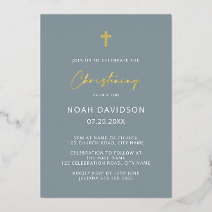Einfache minimale Taufe Grau Blau & Echtgold Folieneinladung