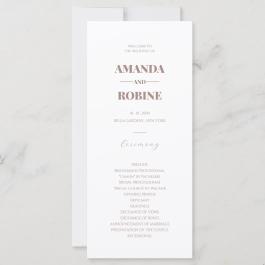 Einfache Minimalistisch-braune Hochzeitsprogramme (Vorderseite)