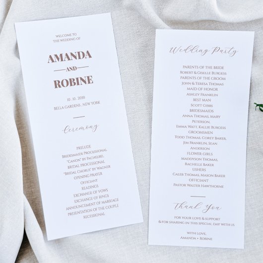 Einfache Minimalistisch-braune Hochzeitsprogramme