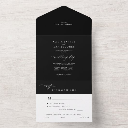 Einfache, minimalistisch-elegante Hochzeit in Schw All In One Einladung (Innen Boden)