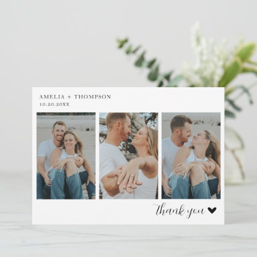 Einfache Minimalistische 3-Foto-Hochzeit Dankeskarte (Stehend Vorderseite)