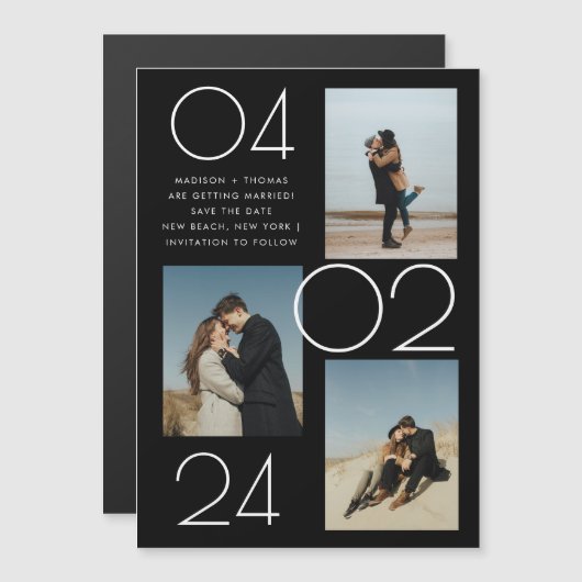 Einfache Minimalistische 3-Foto-Hochzeit speichern Magneteinladung (Vorne/Hinten)