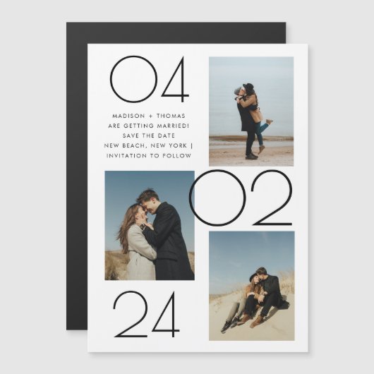 Einfache Minimalistische 3-Foto-Hochzeit speichern Magneteinladung (Vorne/Hinten)