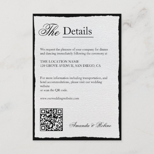 Einfache Minimalistische Angaben QR-Code in Schwar Begleitkarte (Vorderseite)