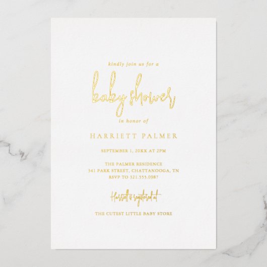 Einfache Minimalistische Babydusche Gold Folieneinladung (Vorderseite)