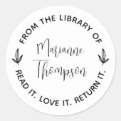 Einfache Minimalistische Blätter Script Round Libr Runder Aufkleber (Vorderseite)