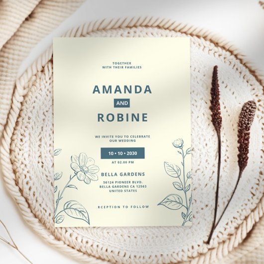 Einfache Minimalistische Blauer Blumenhochzeit Einladung