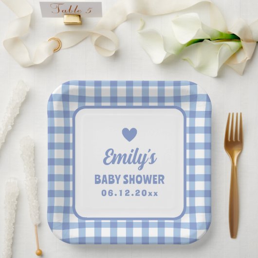 Einfache Minimalistische Blue Gingham Boy Baby Dus Pappteller (Hochzeit)
