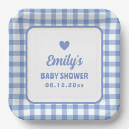 Einfache Minimalistische Blue Gingham Boy Baby Dus Pappteller