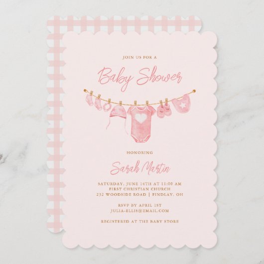 Einfache Minimalistische Blush Pink Scalloping Bab Einladung (Vorne/Hinten)