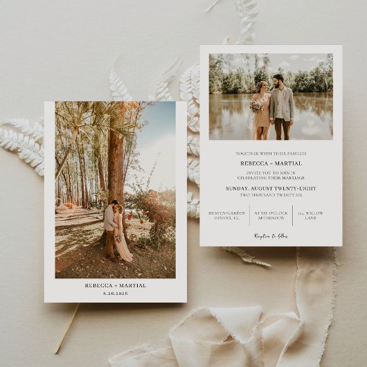 Einfache Minimalistische Boho Wedding 2 Fotos Einladung