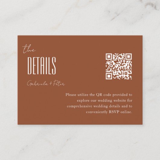 Einfache Minimalistische Burnt Orange QR Hochzeit Begleitkarte (Vorderseite)