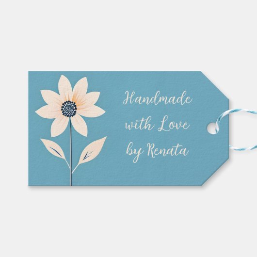 Einfache Minimalistische Creme-Blume auf Blue Geschenkanhänger (Vorderseite (Horizontal))