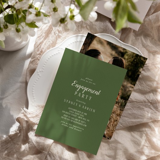Einfache Minimalistische|Dark Sage Foto Engagement Einladung