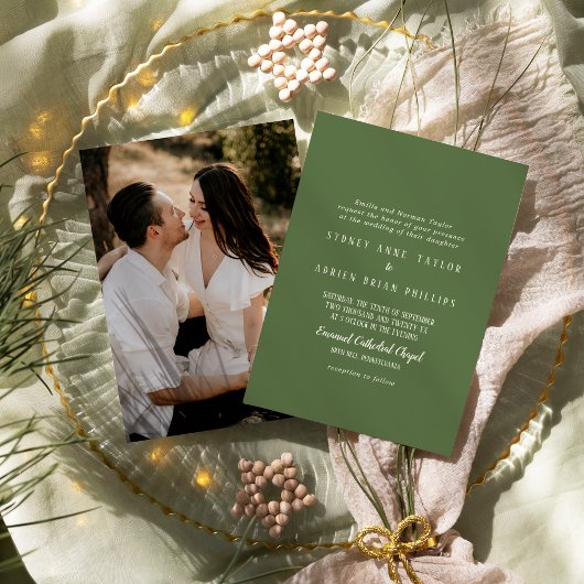 Einfache Minimalistische|Dark Sage Foto Hochzeit Einladung