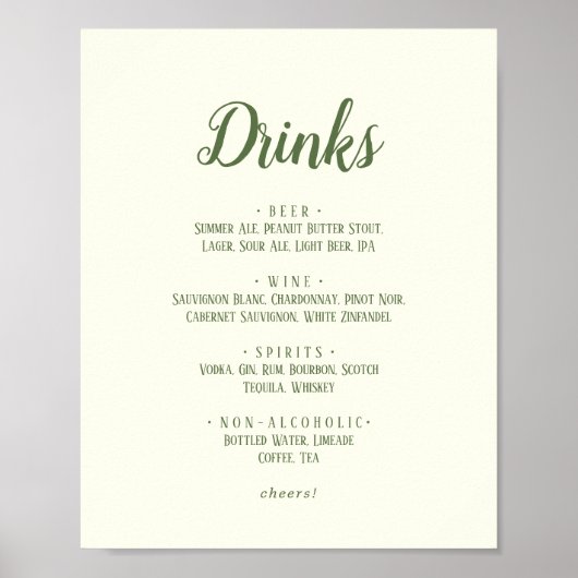 Einfache Minimalistische|Dark Sage Wedding Drinks Poster (Vorne)