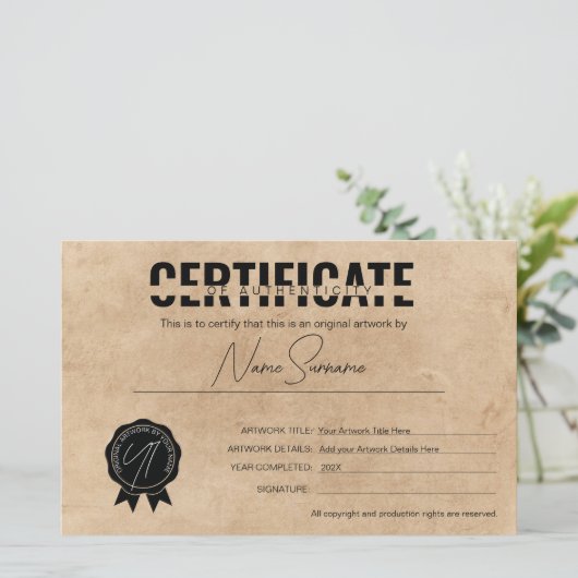 Einfache Minimalistische Echtheitsbescheinigung (Stehend Vorderseite)