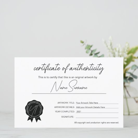 Einfache Minimalistische Echtheitsbescheinigung (Stehend Vorderseite)