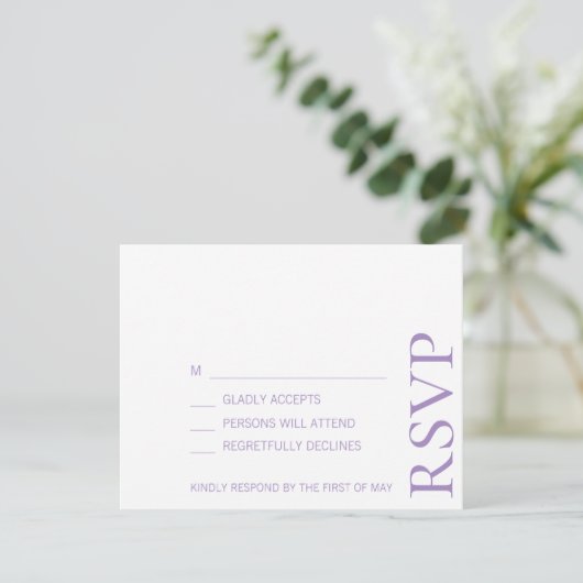 Einfache Minimalistische Elegant-Lavendel-Hochzeit RSVP Karte (Stehend Vorderseite)