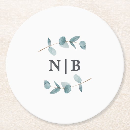 Einfache Minimalistische Eukalyptus-Hochzeit Mit M Runder Pappuntersetzer (Vorderseite)
