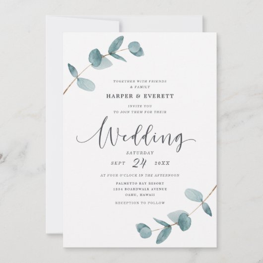 Einfache Minimalistische Eukalyptus-Schriftzeichen Einladung (Vorderseite)
