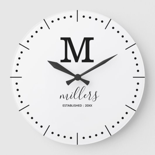 Einfache Minimalistische Familienname Schwarz-weiß Große Wanduhr (Vorderseite)