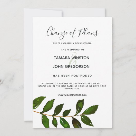 Einfache Minimalistische Grünanlage Postpone Hochz Einladung (Vorderseite)