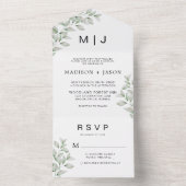 Einfache Minimalistische Grünenmonogramm All In One Einladung (Innen Boden)