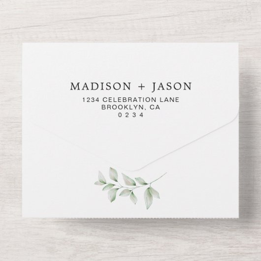 Einfache Minimalistische Grünenmonogramm All In One Einladung (Rückseite)