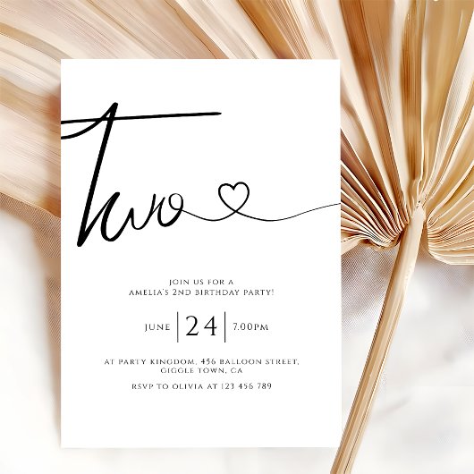 Einfache Minimalistische Herzschrift 2. Geburtstag Einladung
