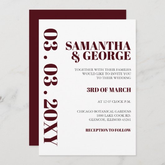 Einfache Minimalistische Hochzeit in Burgund Einladung (Vorne/Hinten)