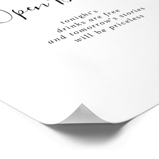 Einfache Minimalistische Hochzeit Open Bar Sign Poster (Ecke)