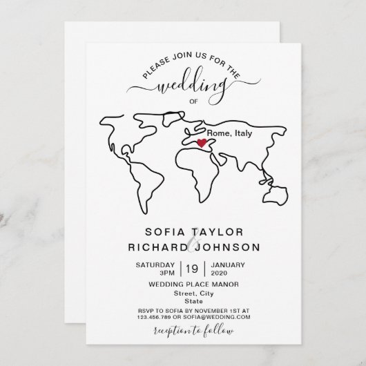 Einfache Minimalistische Hochzeitsdestination Welt Einladung (Vorne/Hinten)