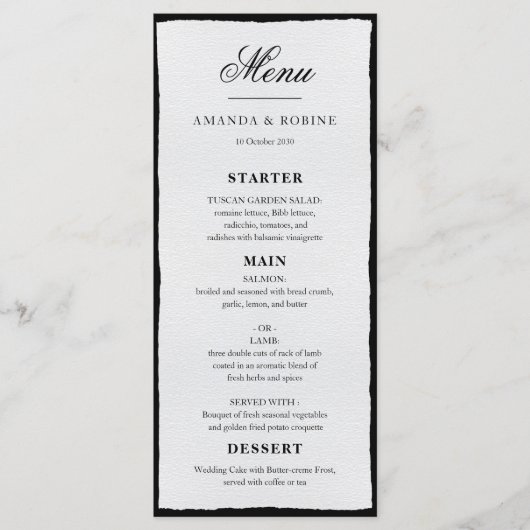 Einfache Minimalistische Hochzeitsmenüs in Schwarz Menükarte (Vorderseite)