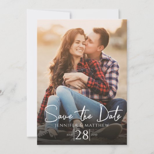 Einfache Minimalistische Kalligrafie Zwei Foto QR- Einladung (Vorderseite)