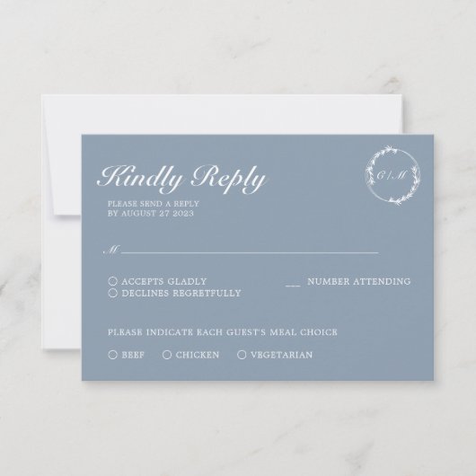Einfache Minimalistische Leaf Dusty Blue Monogram RSVP Karte (Vorderseite)