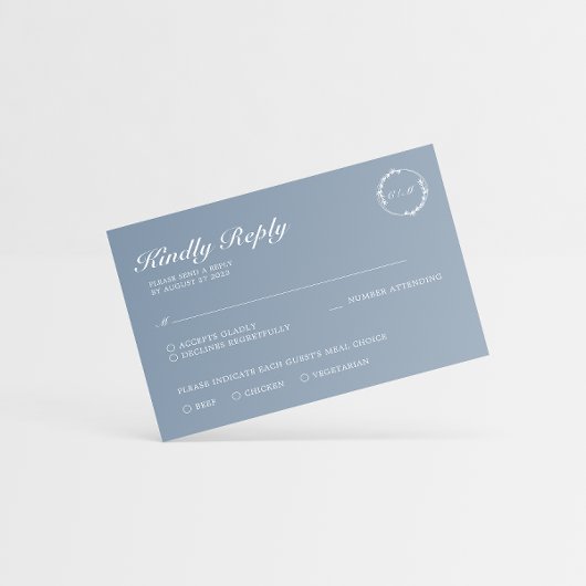 Einfache Minimalistische Leaf Dusty Blue Monogram RSVP Karte