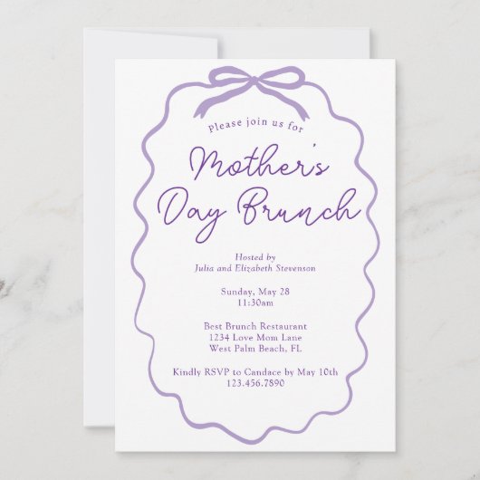 Einfache Minimalistische Lilac Bow Mutter's Day Br Einladung (Vorderseite)