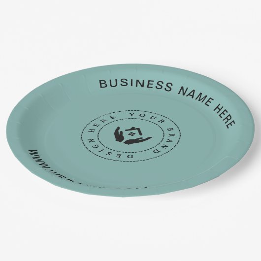 Einfache Minimalistische Logo- und Textwerbung Pappteller (Schrägansicht)