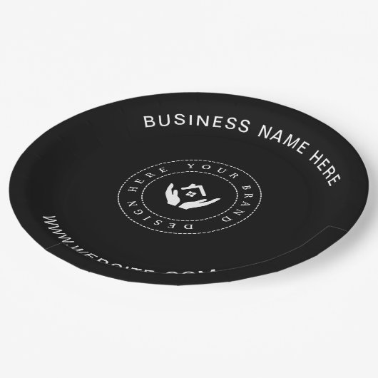 Einfache Minimalistische Logo- und Textwerbung Pappteller (Schrägansicht)