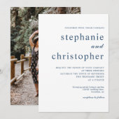 Einfache Minimalistische moderne Blue Script Foto  Einladung (Vorne/Hinten)