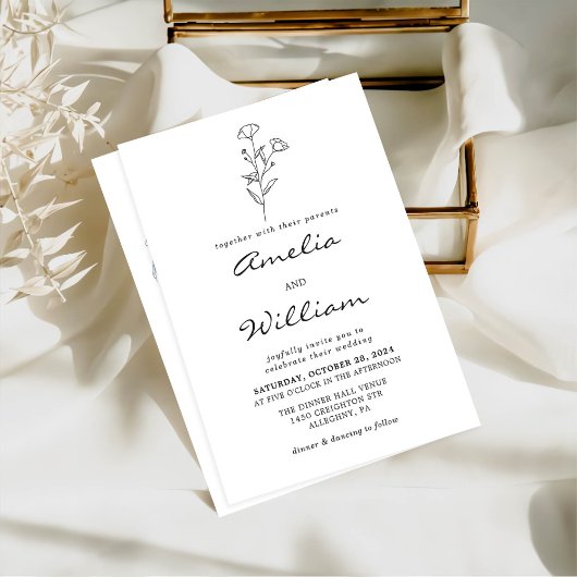 Einfache Minimalistische moderne Blumenzettelhochz Einladung