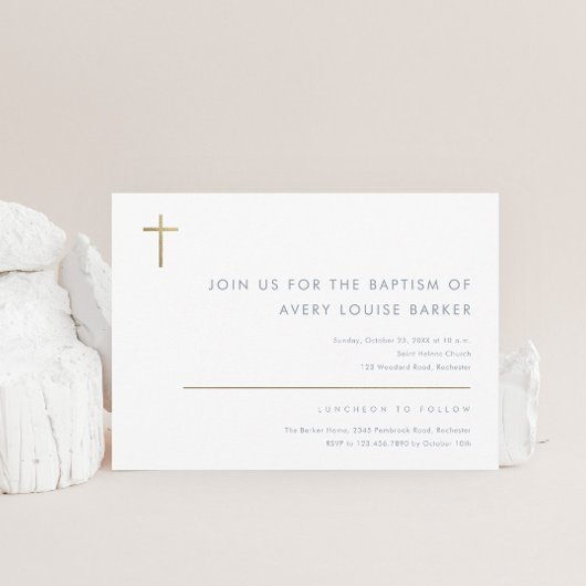 Einfache Minimalistische moderne Goldkreuztaufe Einladung